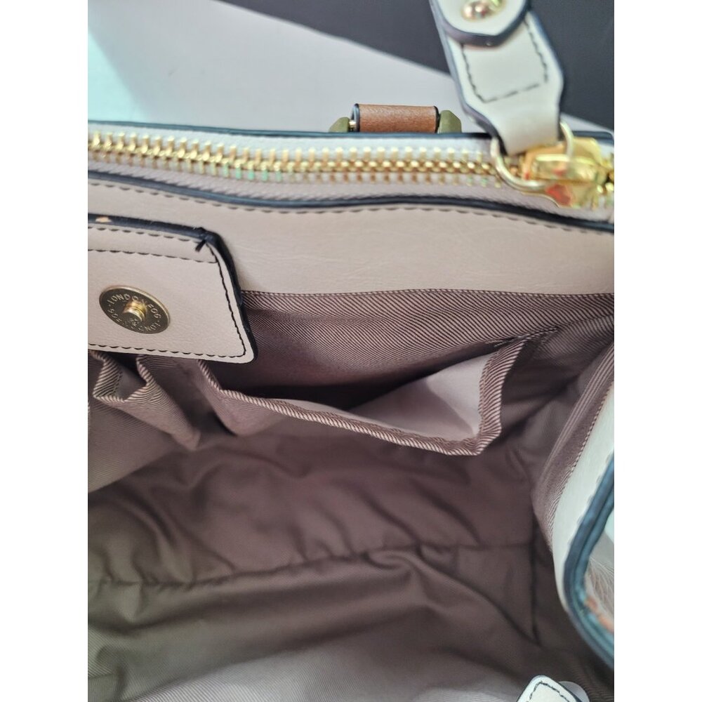 London Fog Women's Satchel Bag Medium Cognac and Off White Snap Zippers - Picture 16 of 16